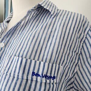 Banana Republic "Bon Voyage" Blue Stripe Linen Blend Shirt Size Medium